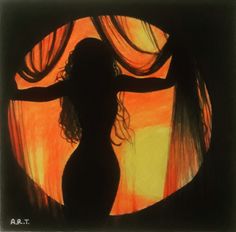 the silhouette of a woman is shown in front of an orange and yellow background with curtains