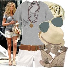 Jennifer Aniston summer outfit, casual in a gray t-shirt, white shorts, espadrilles and straw fedora. Mode Tips, Casual Summer Outfit, Outfit Casual, Jennifer Aniston