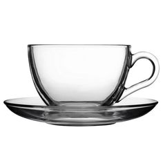 a glass cup and saucer on a white background