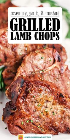 grilled lamb chops on a plate with rosemary garnish and mustard text overlay