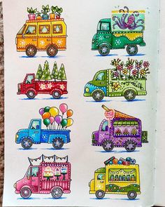 a drawing of different colored trucks with balloons