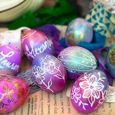 painted eggs sitting on top of an open book