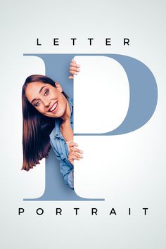 a woman leaning on the letter p with her hands behind her head and smiling at the camera