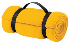 a rolled up yellow towel with black straps on the bottom and one roll is folded over