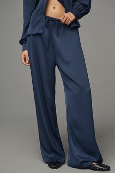 Polyester Drawstring styling Dry clean Imported | Aura Satin Pull-On Pants by Exquise in Blue, Women's, Size: Largearge, Polyester at Anthropologie Bold Color Palette, 50 Fashion, Cozy Knits, Pull On Pants, Guest Dresses, Formal Wear, Matching Sets, Aura, Anthropologie