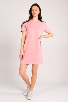 Women's t-shirt dress made from premium 100% Organic Cotton. In a gorgeous canyon pink, this dress is a Summer essential! Featuring the This Is Anyo circular logo in a subtle, tonal pink embroidery.    The model is 5'8 and is wearing a size Small.   Fabric Composition: 100% Organic Cotton Certifications: GOTS Standard, Oeko-Tex, Peta Approved Vegan. Please visit our official website www.thisisanyo.co.uk to see the full collection and get free standard UK delivery! Pink T Shirt Dress, Womens T Shirt Dress, Circular Logo, Garment Care Labels, Pink Embroidery, Tee Shirt Dress, Pink T Shirt, Dress Measurements, Peta