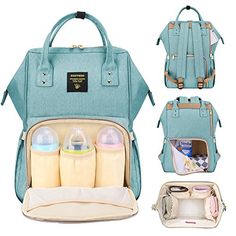 an image of a baby bag with bottles and diapers in the back pocket,