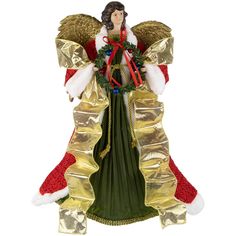 a christmas angel ornament with gold and red trimmings on it's wings