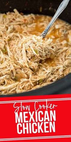 shredded mexican chicken in a slow cooker with the title overlay reading how to cook mexican chicken