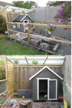 two pictures of a dog house in the back yard