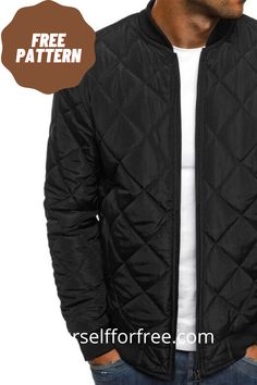 a man wearing a black quilted jacket and white t - shirt with the text free pattern