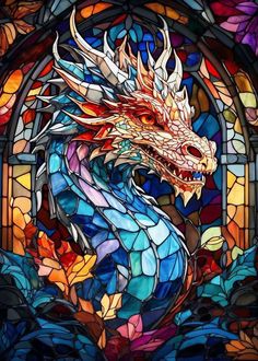 a stained glass window with a dragon on it