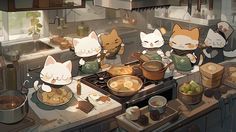 some cats are cooking in the kitchen together