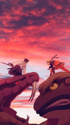 two people on top of a dragon in front of a pink sky with clouds above