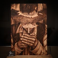 a painting of a man wearing a cowboy hat and holding his hands to his chest