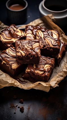 some brownies with chocolate frosting on top of paper and two cups of coffee in the background