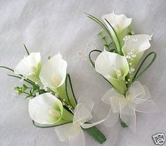 two white flowers with green stems and ribbons