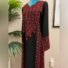 Abayas For Women Muslim & Comfortable Arabic Abaya With Beautiful Embroidery. Dress For Women. Arabian Style &Comfortable With Beautiful Embroidery. Black Long Kaftan With Dabka Work, Black Kaftan With Traditional Patterns For Eid, Black Abaya With Resham Embroidery For Eid, Festive Black Kaftan With Traditional Patterns, Red Dabka Abaya For Eid, Black Long Abaya With Resham Embroidery, Long Abaya With Intricate Embroidery For Festive Occasions, Long Abaya For Eid And Traditional Ceremonies, Festive Long Abaya With Intricate Embroidery