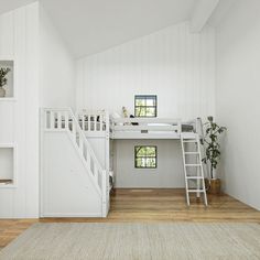 there is a loft bed with stairs to the top and bottom bunk in this room