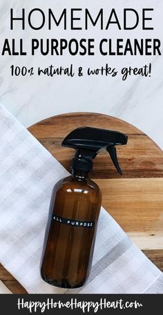 the homemade all purpose cleaner is on top of a wooden cutting board