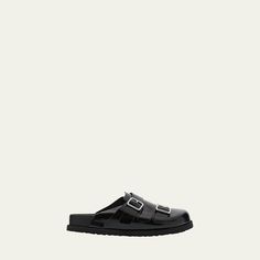 BIRKENSTOCK "West" smooth leather comfort clogs. 0.4" flat heel. Round toe. Dual buckle strap at vamp. Slide style. Molded footbed. Lightweight, flexible EVA outsole. Made in Germany. Clogs Shoes, Smooth Leather, Birkenstock, Clogs, Tops Designs, Germany, Buckle, Luxury Fashion, Heels