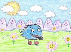 a child's drawing of a blue monster in a field with trees and flowers