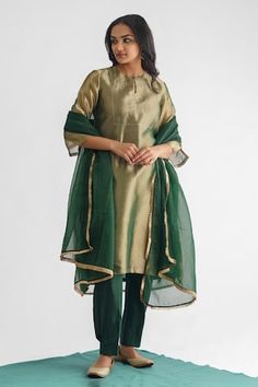 Green kurta with placed bead cluster embellishments and side tie detail. Comes with a pant and kiran lace dupatta. - Aza Fashions Elegant Slub Silk Sets For Celebration, Elegant Green Kurta For Celebration, Cluster Embellishments, Kurta Pant Set, Beaded Neckline, Kurta With Pants, Pants Pattern, Pant Set, Green Bead