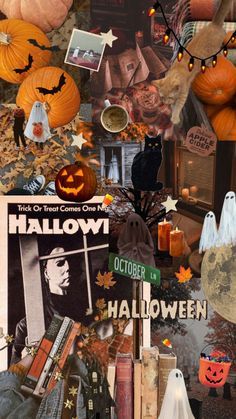 a collage of halloween items including pumpkins, bats and other things on display