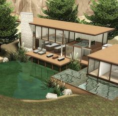 an artist's rendering of a modern house with a pool and hot tub in the backyard