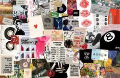 a collage of various images and pictures with words written on them, all over the place