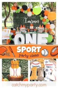 an orange and black sports themed birthday party with balloons, decorations, and desserts