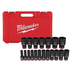 the milwaukee socket set is in a red case with eight sockets and six other tools