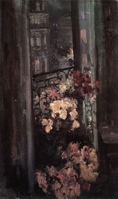 a painting of flowers in a vase on a table next to a window sill