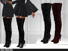 three different styles of women's boots with high heeled shoes and long sleeves