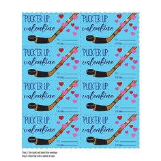 hockey valentine sticker sheet with the words puck up valentine and hearts on blue background