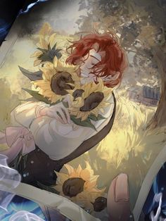 a woman with red hair holding sunflowers in her hands