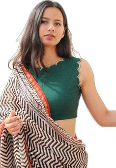 Green Choli Blouse, Cotton Green Blouse Designs, Embroidered Saree Blouse Designs, Scallop Blouse Indian, Sleeves Less Design For Blouse, Cute Saree Blouse Designs, One Side Blouse Designs, Cotton Sleeveless Blouse Designs, Casual Saree Blouse Designs