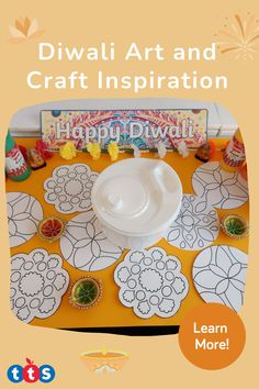 the diwali art and craft inspiration is displayed on a table with paper flowers