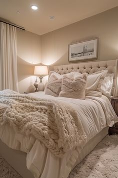 a bedroom with a large bed covered in blankets and pillows