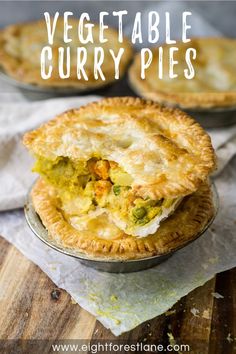 vegetable quiche pies with text overlay that reads, vegetable curry pies