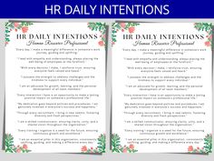 two brochures with the words hrr daily intentionss and flowers on them