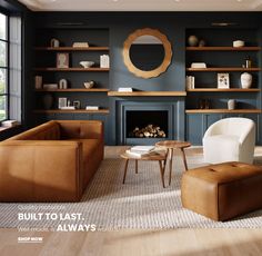 a living room filled with furniture and a fire place under a mirror on the wall