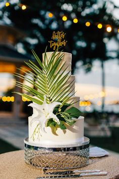 a white wedding cake with palm leaves on top