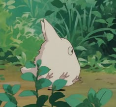 a white rabbit sitting on top of a lush green field next to leaves and plants