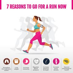 a woman running with the words 7 reasons to go for a run now on it