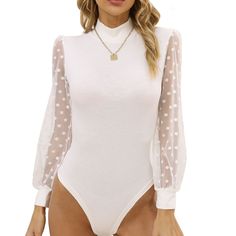 PRICES MAY VARY. MATERIAL:95% Rayon,5% Spandex.Bodysuit for women is made of soft rayon and elastic fabric,soft,breathable,skin friendly,not see through,stretchy,fashion,sexy,and comfortable to wear. FASHION STYLE:Bodysuit is designed with polka dot sheer mesh long sleeves,turtleneck,stylish,sexy,and show your figure perfectly,meeting your dressing needs for any occasion.The bottom of turtleneck bodysuit is designed with snaps,easy to put on and take off,give you different wearing experience. OC Navy Blue Bodysuit, Beige Bodysuit, Spandex Bodysuit, Bodysuit Tops, Organza Sleeves, Turtleneck Bodysuit, Red Bodysuit, Grey Bodysuit, Bodysuit Blouse