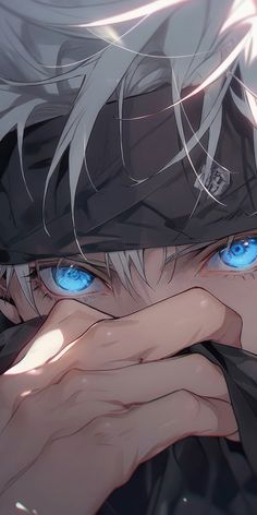 an anime character with blue eyes covering his face