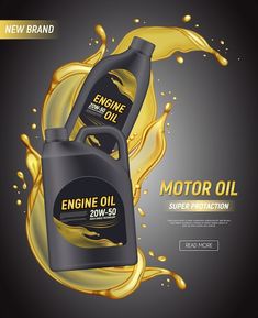 two bottles of engine oil on a black background with gold splashing around the bottle