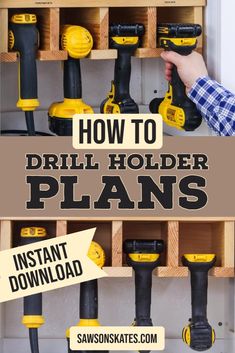 Four drills in a DIY Drill Holder Diy Drill Holder, Cordless Drill Storage, Tool Organization Diy, Drill Storage, Power Tool Organizer, Tool Storage Cabinets, Power Tool Storage, Woodworking Tools Storage