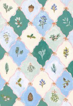 an image of a wallpaper pattern with flowers and leaves on the tiles in pastel colors